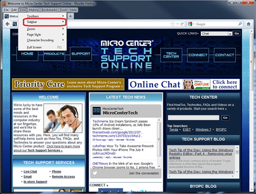 Firefox for Windows, Menu Bar, View Sidebar